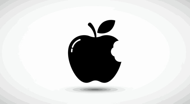 Silhouette of a bitten apple with a leaf and stem on a white background