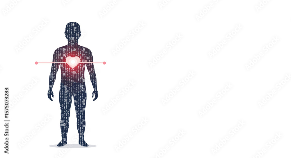 Poster silhouette of human filled with binary code with heart and line across