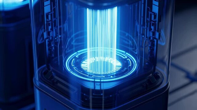 Glowing blue energy beam charging a futuristic quantum device, showcasing advanced technology and power, with intricate details and glowing elements