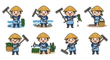 Cartoon Farmer Raking Seaweed Illustration Set