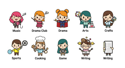 Extracurricular Activities Cartoon Icons Set