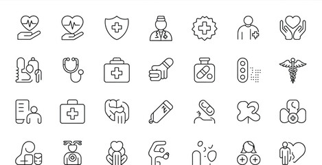 A collection of line art medical icons representing healthcare and well being topics