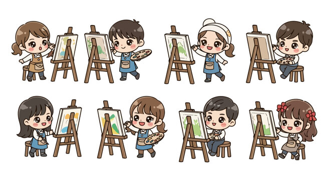 Diverse Cartoon Artists Painting on Easels - Vector Set