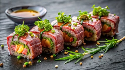 Richly colored Wagyu beef sushi garnished with fragrant herbs and a sweet savory sauce drizzled on top , sauce, beef, sauce, beef,sushi