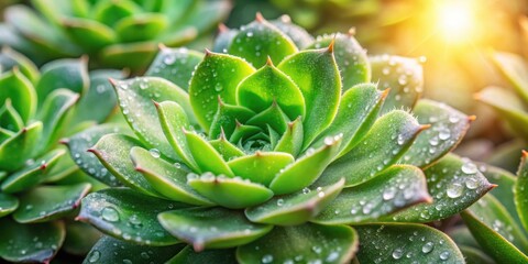 Luscious green succulent leaves with dew drops , botanical garden , outdoor,  botanical garden , outdoor, botanicals