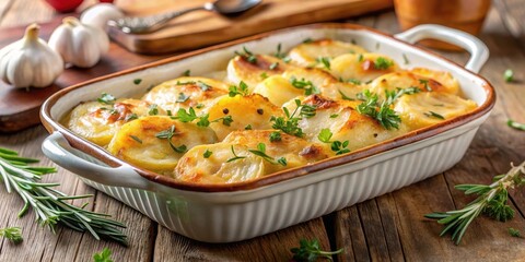 Hot Delicious Gratin Potatoes with Herbs in Ceramic Dish, table setting, bowl,  table setting, bowl, warm, meal