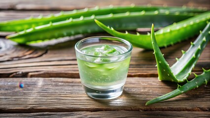 Aloe vera gel in a tiny glass with a few leaves on the side of the container, leafy greens, green,  leafy greens, green,aloe vera