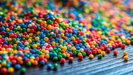 Colorful granules on a table, close up, table top,  close up, table top