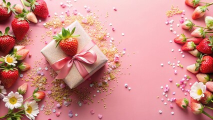 Strawberry gift box on pink festive background with sprinkles and decorations, spring flowers