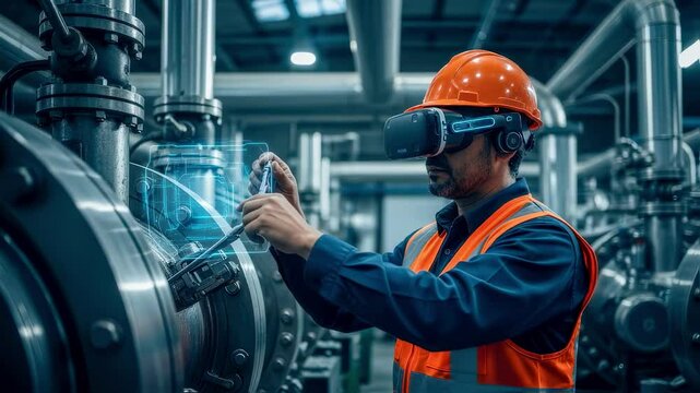 Industrial engineer wearing a vr headset interacts with a virtual interface, controlling and monitoring machinery in a modern factory setting