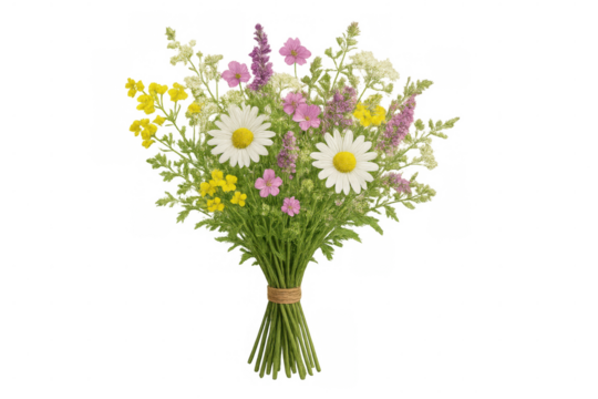 Wildflower bouquet featuring daisies, bound with rustic twine, resting against transparent backdrop, highlighting natural beauty and seasonal charm