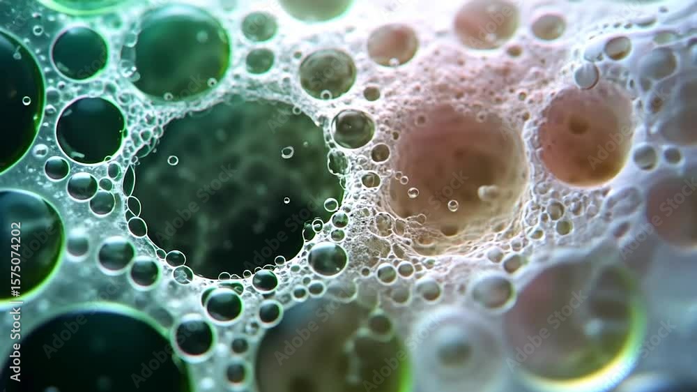Poster close-up abstract shot showcasing macro photography of colorful bubbles in varying sizes and shapes 