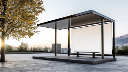 Bus shelter design at bus stop with blank white glass lightbox empty billboard and metal bench for bus station advertisement mockup, transit station urban, street background 