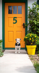 A bright orange door welcomes visitors as a small dog stands in the entryway. A bold green number 5 decorates the path beside a cheerful yellow plant pot.