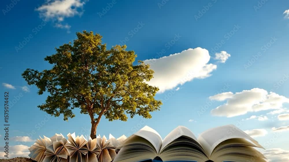 Poster open book with pages fanning out beneath a vibrant green tree set against a bright blue sky with flu