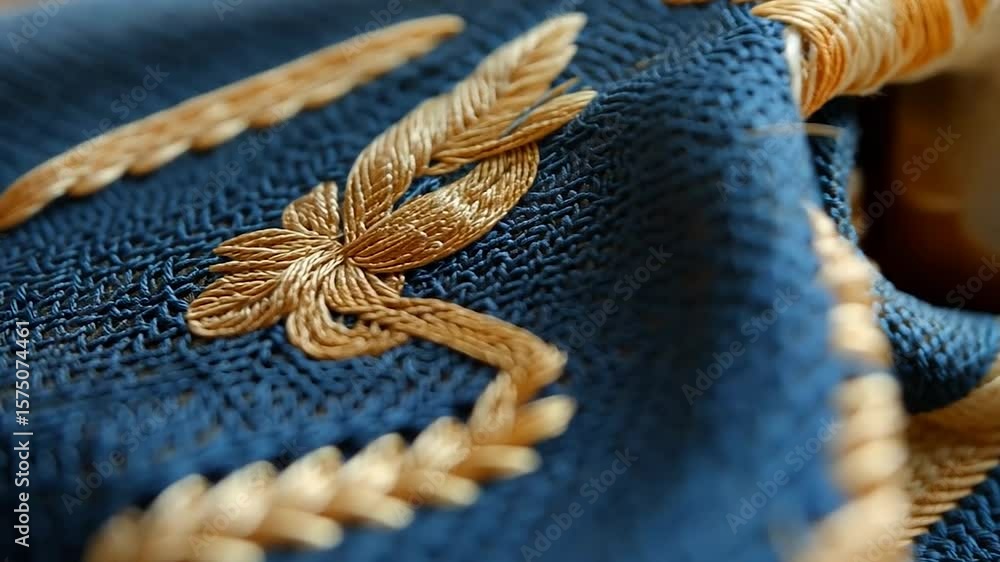 Poster close-up of detailed embroidered fabric with blue and gold threads. the focus is on intricate patter