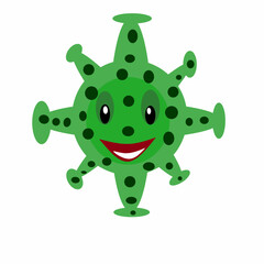 Naklejka premium A cartoon green virus or germ with a smiling face being injected by a blue syringe, symbolizing vaccination or treatment
