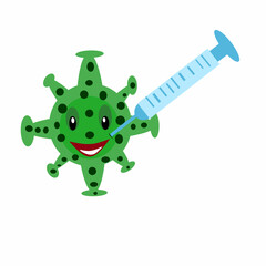 A cartoon green virus or germ with a smiling face being injected by a blue syringe, symbolizing vaccination or treatment