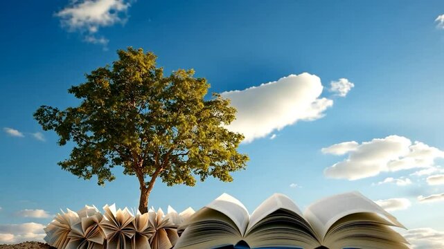 Open book with pages fanning out beneath a vibrant green tree set against a bright blue sky with fluffy white clouds creating a scene of knowledge and nature