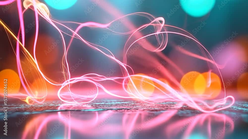 Poster abstract glowing neon light trails against a blurred background with bokeh effect reflecting on the 