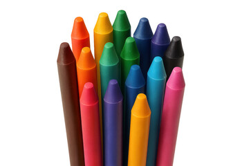 Colorful wax crayons pointing upright, displaying sharp tips and vivid spectrum against clear surface