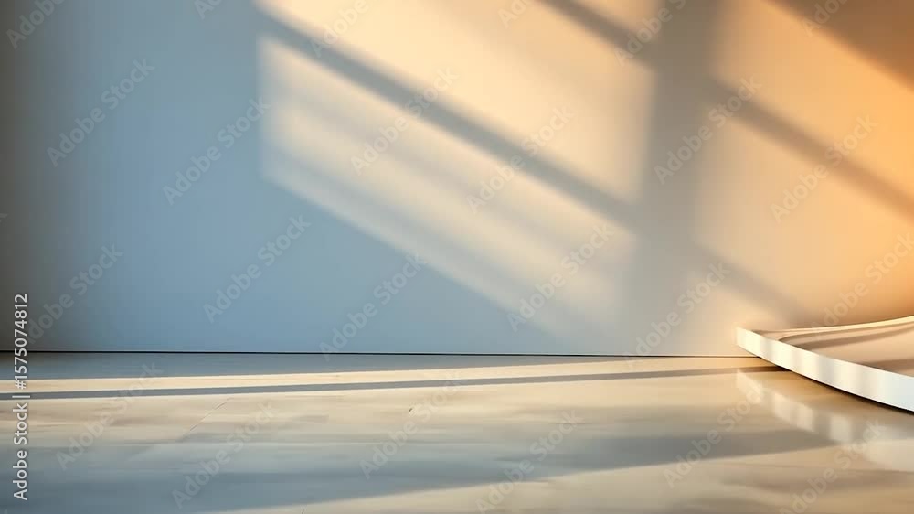 Poster interior scene bathed in sunlight with shadow play and geometric forms on a minimalist background sh