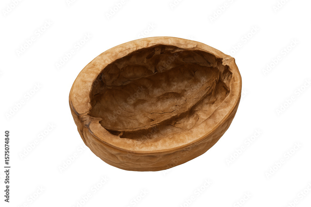 Poster close-up of an empty walnut shell, highlighting its intricate textures and organic form against a tr