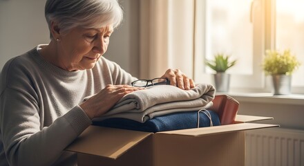 Mature woman carefully packing folded clothes into a box, representing thoughtful home organization, moving preparations, or preparing essentials for life transitions