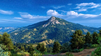 Fototapeta premium Majestic Mountain Landscape with Forest and Starry Sky - Nature Scenery, Scenic View, Wilderness