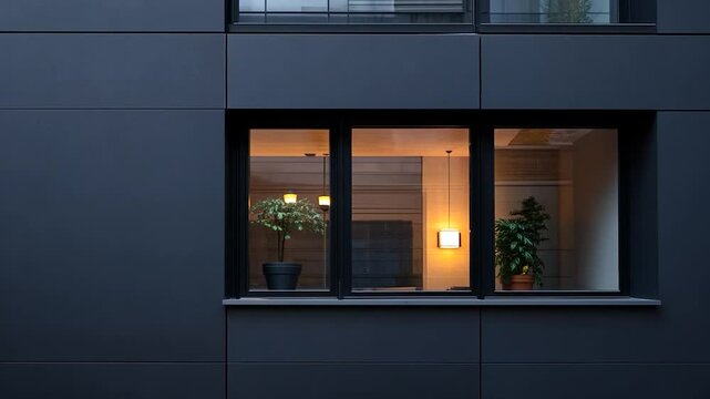 Exterior view of a building featuring windows with potted plants and warm interior lighting a minimalist architectural style with a dark blue facade a sense of tranquility