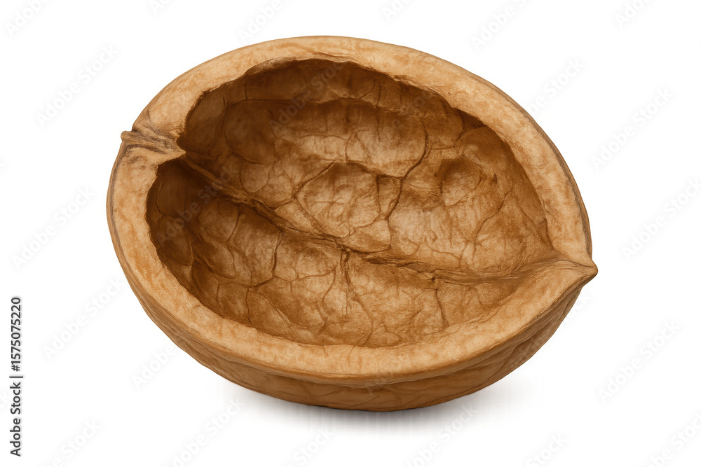 Poster close-up of an empty walnut shell isolated on a transparent background, showcasing its intricate tex