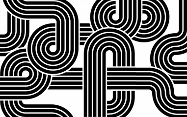 A minimalist interwining black lines on a white background. The stark contrast and simple abstract, artistic vibe, modern design, branding.  Zebra style. Psychedelic. Retro pattern. Geometric design.