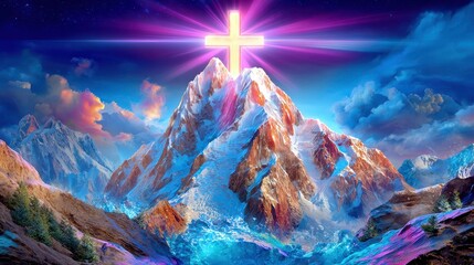 Mountain Top Cross, Faith Hope, Religious Belief, Divine Light, Snowy Peaks