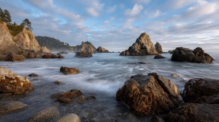 Obraz premium Coastal Landscape, Ocean, Long Exposure. Serene scenic seascape with rocks and cliffs at dusk. Tranquil, nature photography.