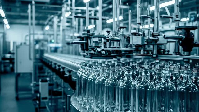 Glass bottles traveling along automated conveyor belt inside sterile manufacturing facility, moving beneath precision filling machine during industrial bottling process