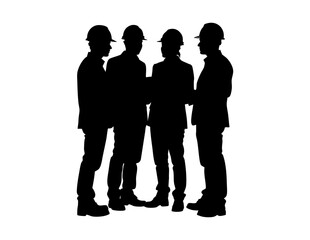 Four silhouetted construction workers discussing plans, suitable for illustrating teamwork in construction projects or project management concepts.