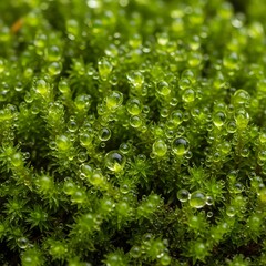 Vibrant green moss texture with glistening water droplets, ideal for biophilic design and natural background elements