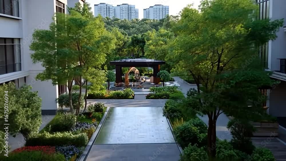 Poster aerial view of a meticulously designed garden with symmetrical layout featuring lush greenery trees 
