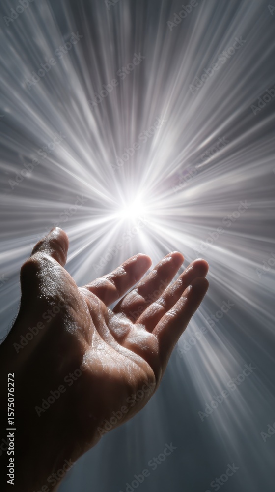 Poster brilliant rays of energy converge towards an open palm illustrating the dynamic interaction between 