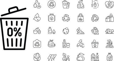 A collection of outline icons representing zero waste and recycling concepts in black
