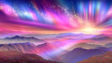 Dreamy Aurora Landscape with Mountains, Stars and Colorful Sky. Fantasy Aurora Borealis.