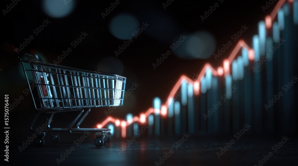 Poster a glowing shopping cart rolls forward dynamically with upwardtrending market analytics in the backgr