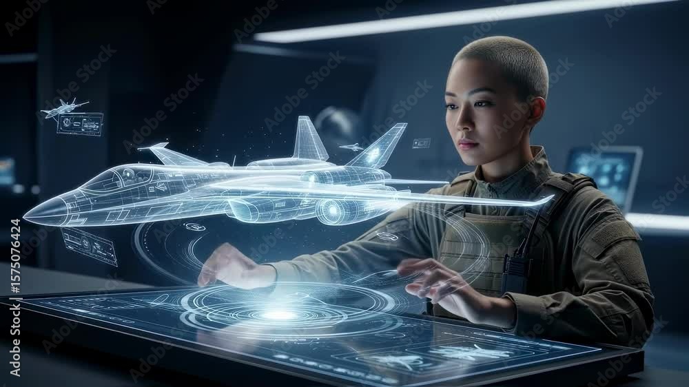 Poster aircraft engineer using interactive touchscreen table projecting holographic image of a jet fighter,