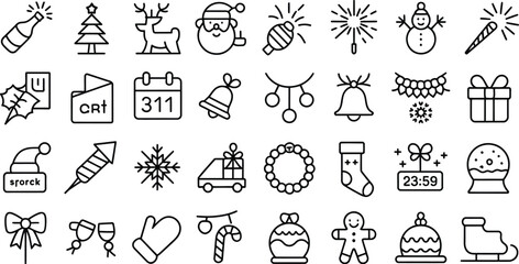 A collection of christmas and new year themed outline icons arranged in a grid format