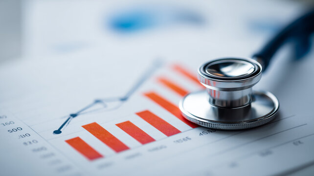 A Strategic Healthcare Finance Analysis Concept Displayed by a Stethoscope Resting on Rising Bar Charts to Indicate Medical Growth Metrics.
