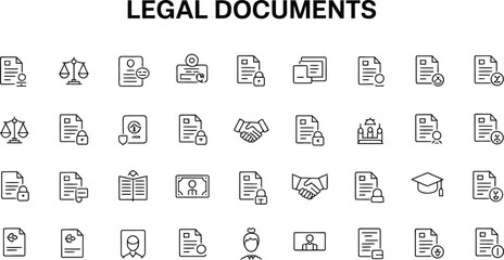 Illustration of legal documents and law related icons in a line art style design