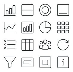 Dashboard widgets line art icons. chart icon, metric block, progress ring, stat number, line graph, bar chart, pie chart, data grid, list view, table column, user count, live