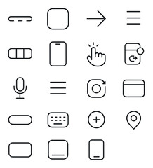 Mobile app interface line art icons. bottom nav bar, app icon, swipe arrow, drag handle, tab bar, mobile screen frame, touch gesture, notification badge, voice button, mobile menu,