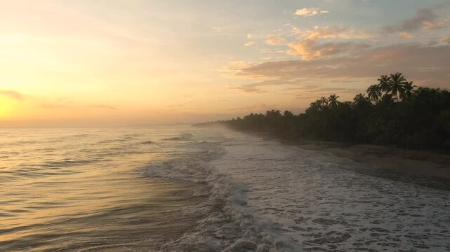 Aerial view of tropical beach at sunrise, Colombia.