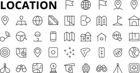 Collection of location and navigation icons in outline style on white background